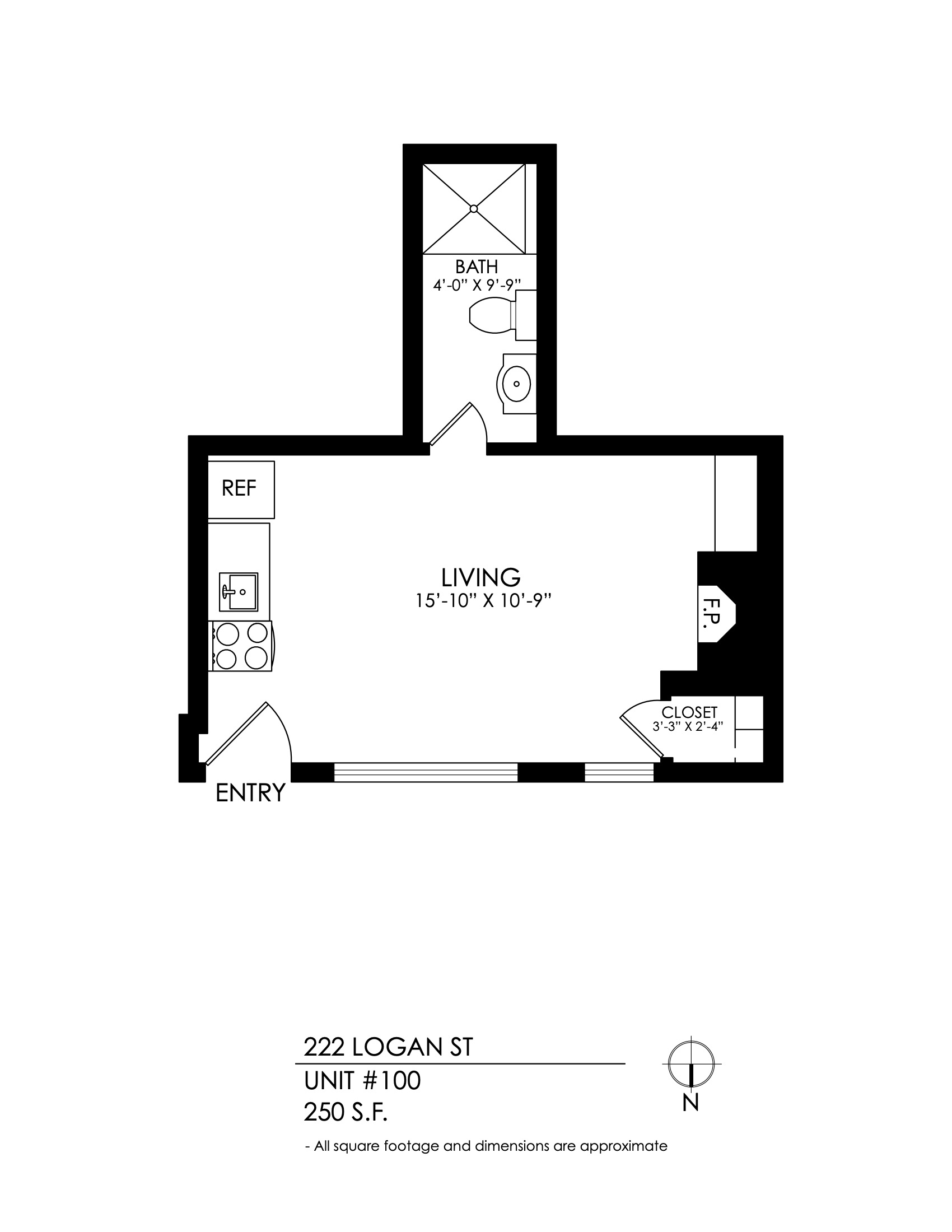 Floor plan for studio, 1 bath, 250 sqft